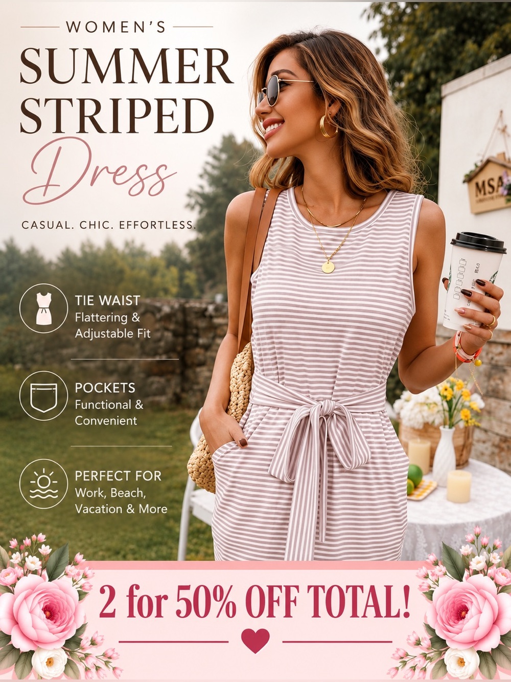 MEROKEETY Striped Sleeveless Tie Waist Midi Dress Size S Pink & White